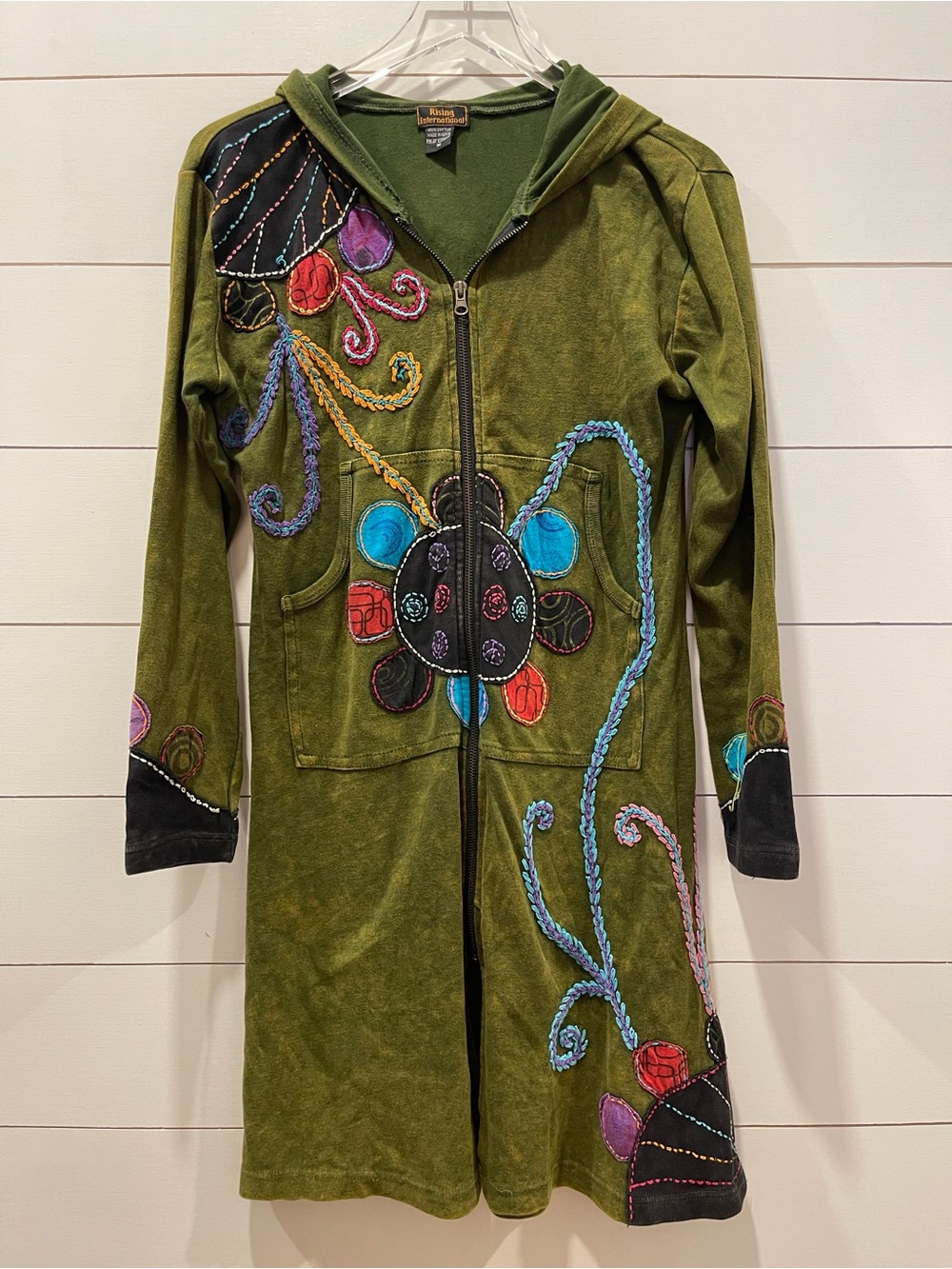 Rising International Embroidered Olive Green Hooded Zip Duster Size Medium